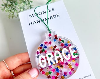 Colourful Star Christmas Baubles, Custom Name Tree Decorations, Sparkly Resin Baubles, Family Name Tree Decorations