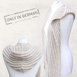 Könnte beinhalten: Ein beiger gestrickter Kapuzen-Schal mit Rippenstruktur. Der Schal wird auf einem weißen Mannequin präsentiert. Der Text "ONLY IN GERMAN" und "PDF DOWNLOAD" ist im Bild sichtbar.