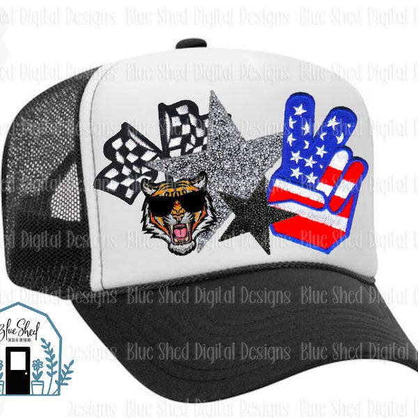 Peace American Flag faux patch PNG file, red white blue checkered flag tiger digital download for trucker hat sublimation, dtf