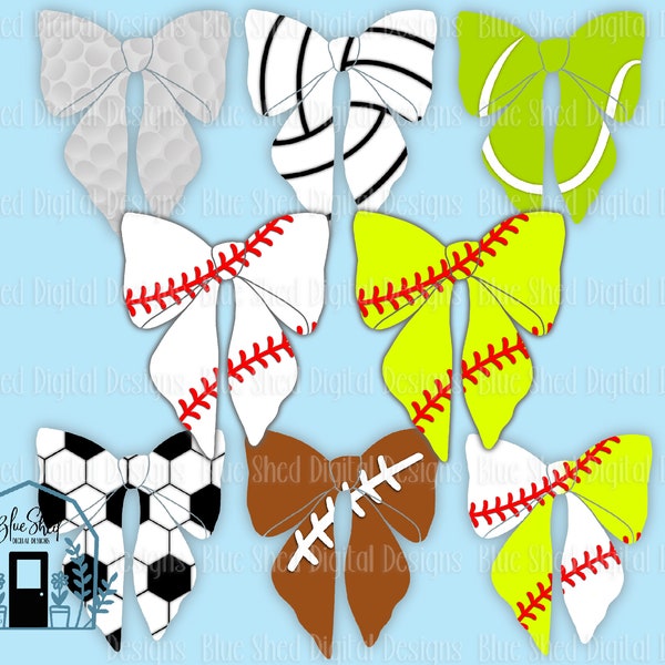 Sports bows Clipart Clip Art PNG digital download for sublimation or dtf softball baseball soccer tennis golf volleyball football