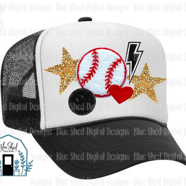 Baseball faux patch png for trucker hats, smiley lightning bolt patch PNG file, digital download for trucker hat sub