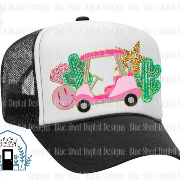 Pink Golf Cart and Cactus faux patch png, gold stars smiley face PNG file, digital download for trucker hat sublimation, dtf transfers