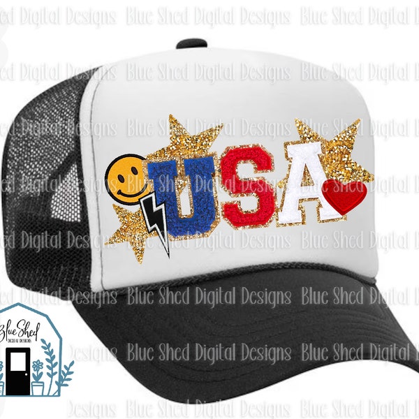 USA faux patch PNG file, red white blue gold sparkle digital download for trucker hat sublimation, dtf