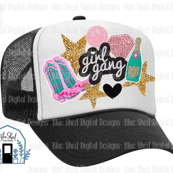 Girl Gang Pink Stiefel Champagner Faux Patch Png, Gold Sterne Smiley Preppy PNG Datei, digitaler Download für Trucker Hut Sublimation, dtf