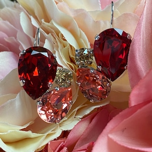 Crystal Asymmetric Statement Red, Rose & Gold Cluster Pear Earrings, lever back - Limited Edition