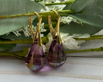 Crystal Lilac earrings, Gold, Lever back, Nickel Free