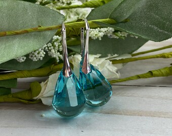 Crystal Turquoise, white rhodium Lever Back Earrings, Nickel Free