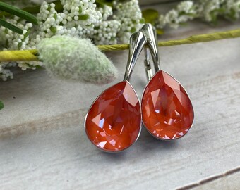 Crystal Orange Ignite Pear Drop Earrings, lever back, nickel free