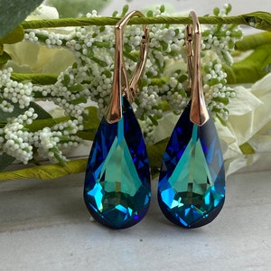 Crystal, Rose Gold, Bermuda Blue Faceted Tear Drop Earrings, Lever back, Nickel Free