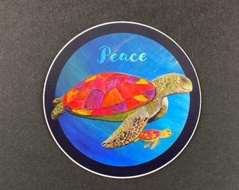 Peace Turtle 3” Circle Vinyl Sticker - original art - durable, weatherproof, dishwasher safe
