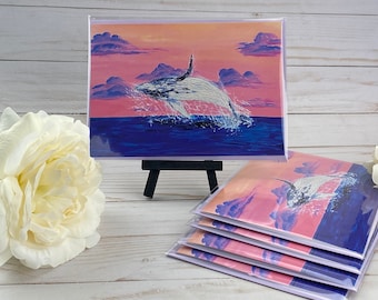 Greeting Cards 5 pack - Original Art 5x7 Freedom Whale with lavender envelopes - Blank inside