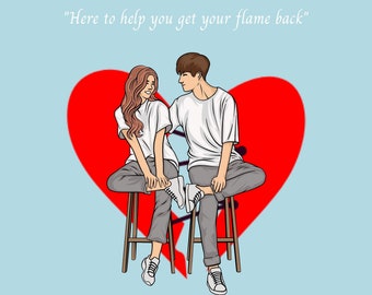 May include: A couple sitting on stools in front of a broken red heart. The text "Here to help you get your flame back" is at the top of the image. The text "Reignite your spark" is at the bottom of the image. The text "WRITTEN BY TIMOTHY SPOKES" is below the text "Reignite your spark".