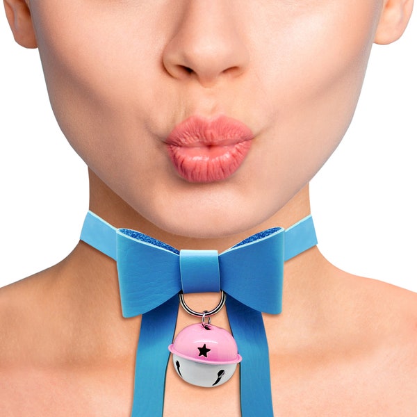 Kawaii Bow & Bell Collar - Faux Leather - Cat Cosplay- Anime - Cute - Fairy Kei - Kiss Kiss Puss Puss ( Baby-Blue Bow / Pink/White Bell)