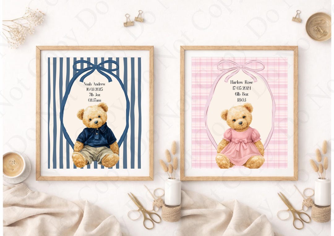 Personalised Baby Birth Print A4, Teddy Bear Nursery Wall Art, Custom ...