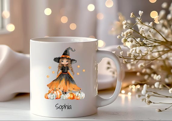 Personalised Halloween Mug for Girls – Custom Name & Hair | Cute Witch Mug | 6oz or 11oz | Halloween Gift for Kids | Trick or Treat Mug