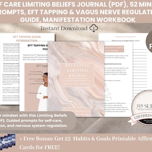 Puede incluir: Un diario digital de autocuidado titulado "Self Care Limiting Beliefs Journal (PDF)". Incluye 52 indicaciones de mentalidad, EFT tapping y una guía de regulación del nervio vago. La portada presenta un diseño de mármol y el texto "Releasing Limiting Beliefs".