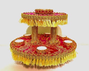 Rhinestone Trim Two Tiered Tray: Brocade Fabric Mehndi/Nikkah/Haldi/Maiyoon Thaal