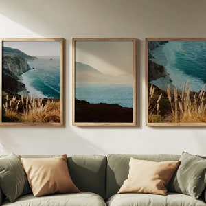 Set di 3 stampe Big Sur, arte murale costiera, fotografia retrò di case sulla spiaggia della California, regalo di inaugurazione della casa per gli amanti dell'oceano, set sull'Oceano Pacifico