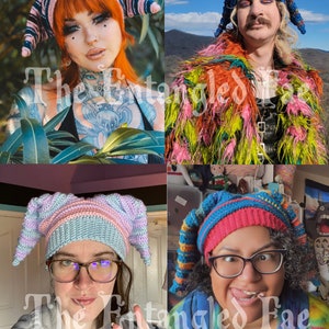 May include: Four images showcasing colorful, handmade crochet hats with pointed tips. The hats feature various color combinations, including pink, blue, and striped patterns. The text "The Entangled Fae" is visible on each image.