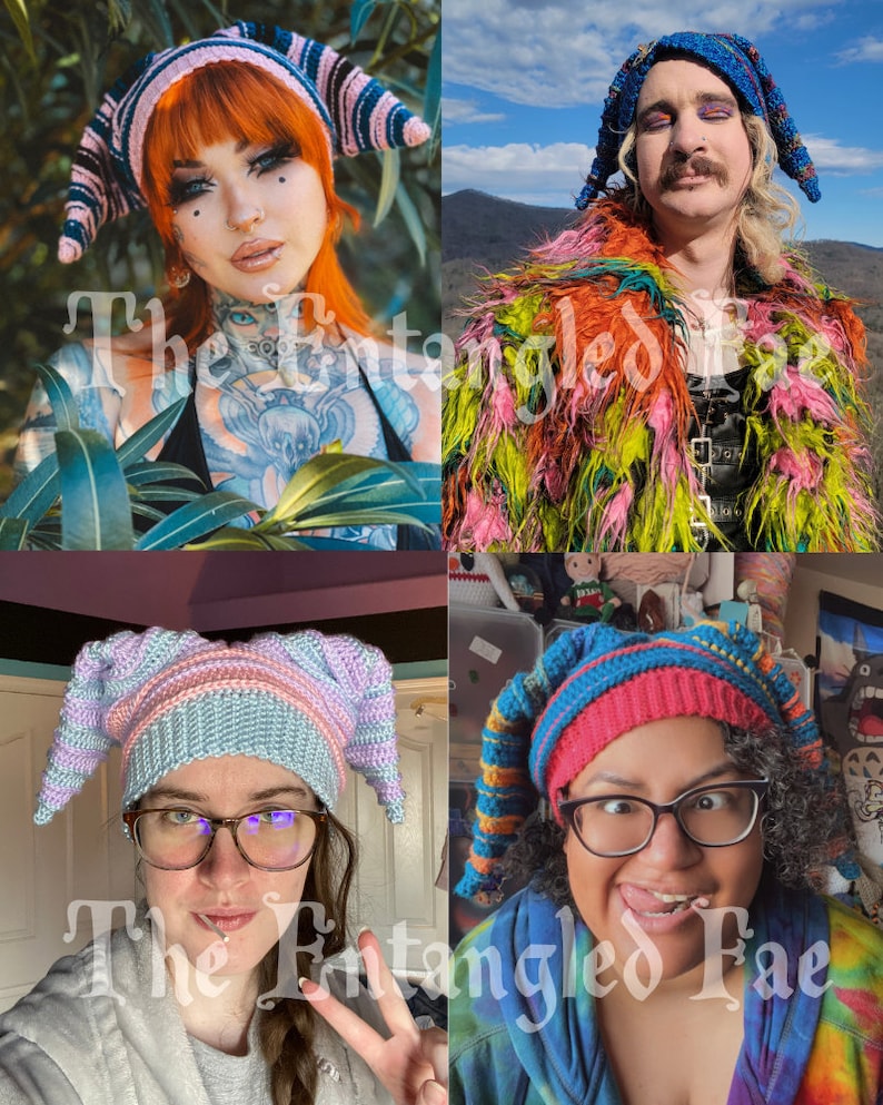 May include: Four images showcasing colorful, handmade crochet hats with pointed tips. The hats feature various color combinations, including pink, blue, and striped patterns. The text "The Entangled Fae" is visible on each image.