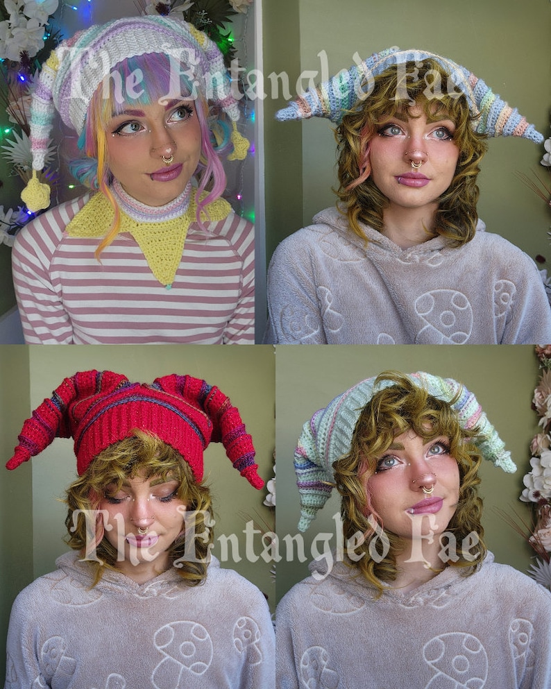 May include: A collection of four colorful crochet jester hats. Each hat features a unique color scheme, including pastel rainbow, red, and mint green. The hats have long, pointed tips and are displayed on a person.