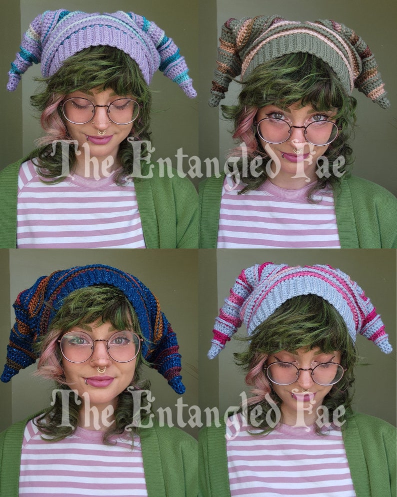 May include: Four colorful, crocheted hats with pointed tips are displayed. Each hat features a unique color scheme, including purple, green, blue, and light blue with pink stripes. The hats are worn by a person with green hair and glasses. The text "The Entangled Fae" is visible.