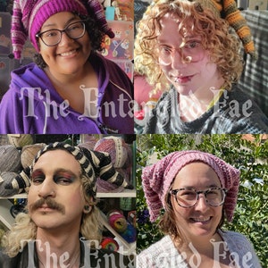 May include: Four people wearing handmade, pointed knit hats in various colors and patterns. The hats include stripes and solid colors like pink, black, and yellow. The text "The Entangled Fae" is visible in the lower left corner of the image.