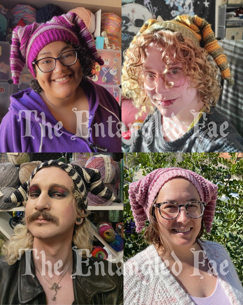 May include: Four people wearing handmade, pointed knit hats in various colors and patterns. The hats include stripes and solid colors like pink, black, and yellow. The text "The Entangled Fae" is visible in the lower left corner of the image.