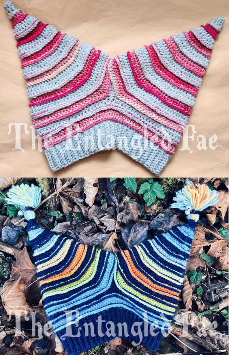 May include: Two handmade crochet shawls. The top shawl is light blue, pink, and gray with a chevron pattern. The bottom shawl is navy blue with blue, orange, and yellow stripes. Both have a pointed shape and are displayed on a neutral background.