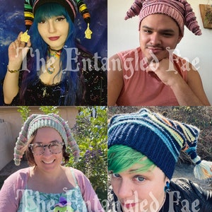 May include: Four images showcasing colorful, handmade knit hats with long, pointed tips. The hats feature various color combinations, including rainbow stripes, pinks, blues, and greens. The text "The Entangled Fae" is visible in the images.
