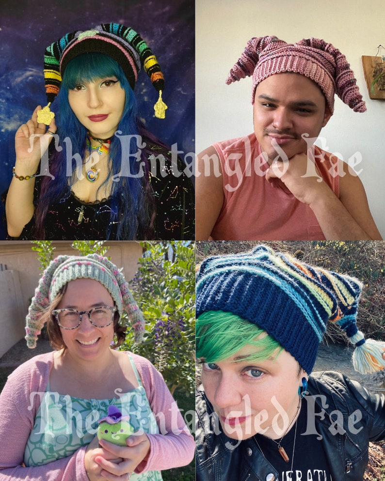 May include: Four images showcasing colorful, handmade knit hats with long, pointed tips. The hats feature various color combinations, including rainbow stripes, pinks, blues, and greens. The text "The Entangled Fae" is visible in the images.