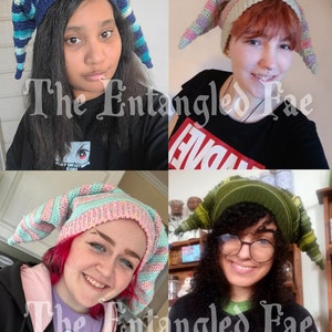 May include: Four people wearing handmade crochet hats with long, pointed tips. The hats feature various color combinations, including blue, pink, green, and pastel shades. The hats are the focal point, showcasing the unique design and craftsmanship.