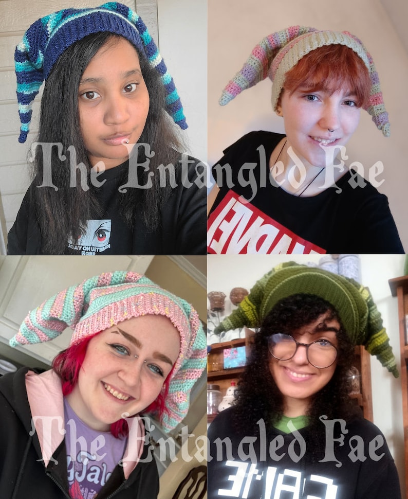 May include: Four people wearing handmade crochet hats with long, pointed tips. The hats feature various color combinations, including blue, pink, green, and pastel shades. The hats are the focal point, showcasing the unique design and craftsmanship.