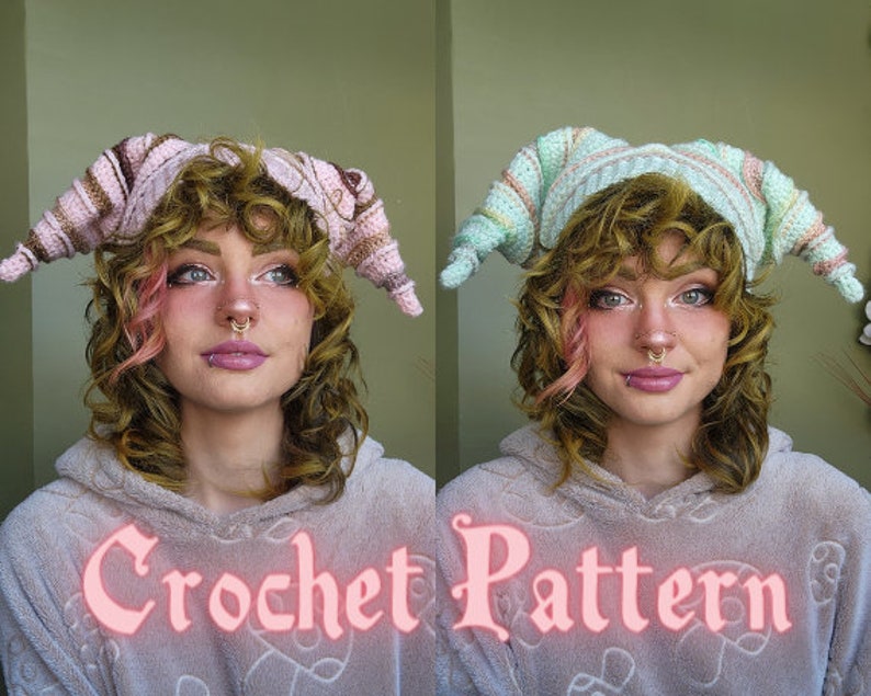 May include: Two images side-by-side showcasing a person wearing a crocheted hat with long, pointed horns. The hats are striped in pastel colors. The text "Crochet Pattern" is superimposed on the image in a pink, glowing font.