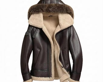 Men's RAF Aviator B3 Bomber Leather Jacket MF7 Real Sheep Skin Coat Removable Hood
