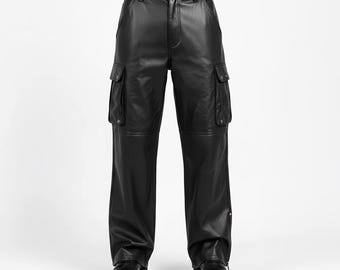 Handmade Men’s Real Leather Cargo Pants Genuine Leather Streetwear Trousers Gothic Utility Pants Luxury Leather Joggers