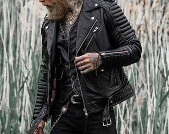 Men's Quilted Black Sheepskin Leather Motorcycle Jacket: Slim Fit Biker