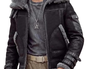 Men's Double Collar Real Sheepskin Leather Jacket B3 RAF Flight Bomber Aviator Leather Jacket
