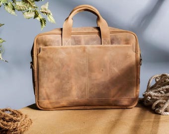 Vintage Leather Laptop Bag: 15.5-inch Briefcase Messenger