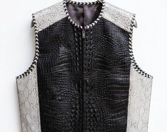 Mens Handmade Snake & Crocodile Embossed Leather Vest Biker Braided Detail