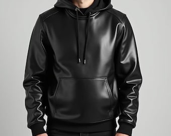 Handmade Men's Black Premium Leather Hoodie Genuine Lambskin Leather Jacket