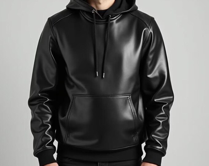 Handmade Men's Black Premium Leather Hoodie Genuine Lambskin Leather Jacket