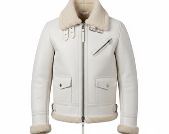 White Color Men's RAF B3 Real Sheepskin Flying Aviator Bomber Leather Jacket Fur Coat