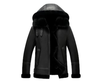 Men's Sheepskin Leather Winter Coat RAF Aviator B3 Bomber Jacket With Hood