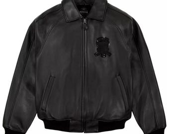 Men's Black Real Sheepskin Leather Jacket Bomber American Varsity Jacket