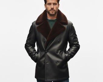 Handmade Mens Winter Double Breasted Coat - Men Dark Brown Fur Collar Peacoat Style Jacket,  Luxury Sheepskin B3 Bomber Leather Coat
