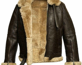 Mens Sheepskin Leather Jacket B3 Bomber RAF Aviator Pilot Jacket Winter Flying Coat Shearling Warm
