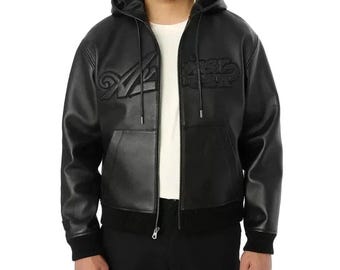 Handmade Men's Black Leather Hoodie Genuine Lambskin Leather Jacket Pullover