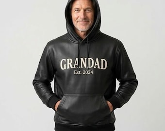 Personalized Grandad Leather Hoodie - Grandad Est Any Year - Custom Embroidered Hoodie Birthday or Christmas Gift For Men