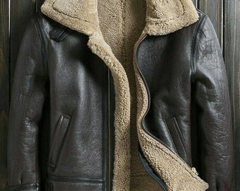 Mens RAF Aviator Sheepskin Leather Bomber Jacket: Handmade Pilot Coat
